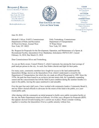 Letter Opposing and Requesting Reissue of Request for Proposals for the Development, Operation, and Maintenance of a Sports & Recreational Facility, Queensboro Oval, Manhattan