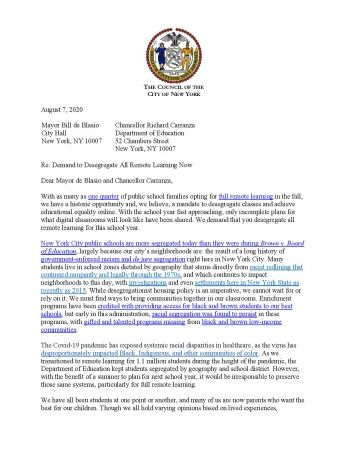 Letter Demanding Desegrgation of All Remote Learning